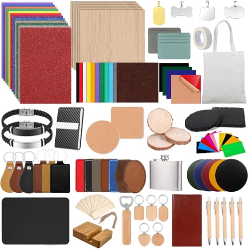 Vercleuim 134pcs Laser Engraving Blanks Kit, 28 Types Laser Engraving Supplies & Engraver Accessories with Basswood, PU Leather, Metal, Acrylic, Fabric for Laser Cutter Engraver vercleuim