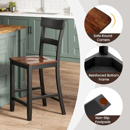 Giantex Farmhouse Wooden Bar Stools Set of 4 - 24.5" Counter Height Dining Chairs in Black