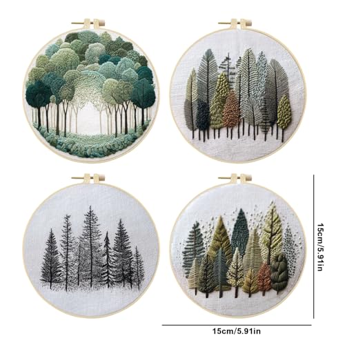 4 Pack Embroidery Kit for Adult - 15x15cm Pre-Stamped Tree Pattern Cross Stitch Kit with 5.91 Inch Bamboo Hoop, Floss, Needles - DIY Craft Kit for Home Decoration & Gift Giving
