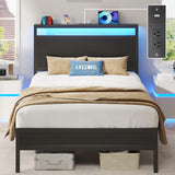 Fluest Twin Bed Frame with Headboard & Footboard, Twin Bed Frame with Charging Station & LED Light, Under-Bed-Storage, No Box Spring Needed, Noise Free, Easy Assembly, Classic Black Fluest