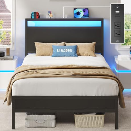 Fluest Twin Bed Frame with Headboard & Footboard, Twin Bed Frame with Charging Station & LED Light, Under-Bed-Storage, No Box Spring Needed, Noise Free, Easy Assembly, Classic Black Fluest