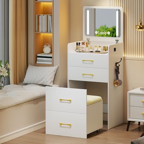 HNEBC 3 in 1 Vanity Desk with Plip Top LED Mirror,Small Dressing Table Set with Visible Glass Desktop,Compact Vanity with 3 Drawers,Storage Compartment and Padded Stool,for Bedroom(White) HNEBC