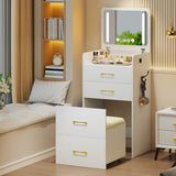 HNEBC 3 in 1 Vanity Desk with Plip Top LED Mirror,Small Dressing Table Set with Visible Glass Desktop,Compact Vanity with 3 Drawers,Storage Compartment and Padded Stool,for Bedroom(White) HNEBC