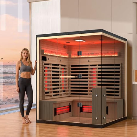 BNEHS Infrared Sauna, 3-4 Person Home Sauna with Himalayan Salt Panel & 10 Minutes Warm-up System, Indoor Sauna Spa Room with Canadian Hemlock&Panoramic Tempered Glass,220V BNEHS