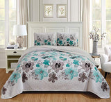 Luxury Home Collection 3 Piece Full/Queen Quilted Reversible Coverlet Bedspread Set Floral Printed Turquoise White Gray Luxury Home