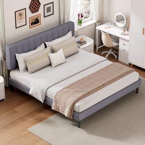 DUMOS King Size Bed Frame - Fabric Upholstered Platform Bed with Headboard, 800LBS Sturdy Wooden Slats Support, No Box Spring Needed, Noise Free, Easy Assembly, Grey DUMOS