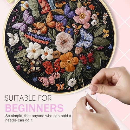 Huacan Embroidery Kit for Beginners Adults Includes Stamped Flowers Butterfly Pattern, Hoop, Color Threads,Tools,Easy to Follow Instruction