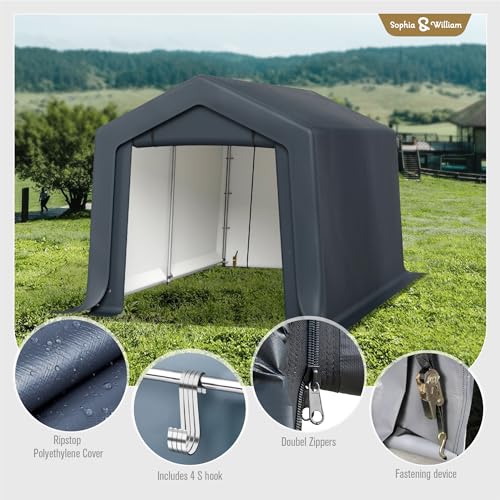 Sophia & William Outdoor Storage Shed Carport 8x12 ft Heavy Duty, Portable Garden Yard Car Port Shelter Storage Tent Garage with Roll Up Doors and Ventilation, Grey Sophia & William