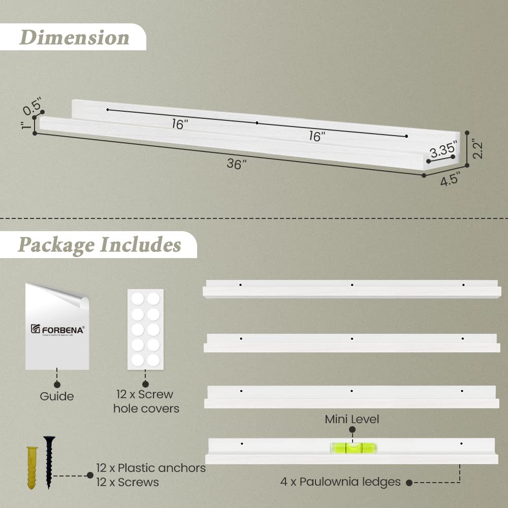 Forbena 36-Inch White Floating Shelves Set of 4 – Versatile Wall Storage for Kids' Rooms and Living Spaces Forbena