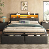 Furnulem King Bed Frame with Wood Headboard & Storage Drawers, Metal Platform Bed Frames King Size with LED Lights, Built in Charging Station, No Box Spring Needed, No Noise, Easy Assembly, Black Furnulem
