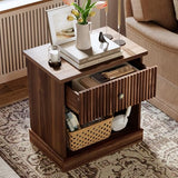 IDEALHOUSE Fluted Nightstand with Drawer, Mid Century Modern Bedside Table with Open Shelf, Brown Nightstand with Storage, Space Saving Side Table with Curved Edge Base for Living Room Bedroom IDEALHOUSE