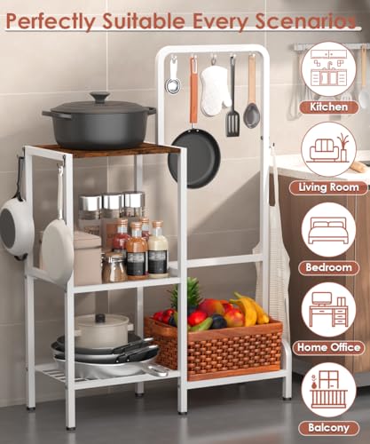 mocomax Kitchen Stand Shelf with Storage, 3-Tier Utility Baker's Rack for Spices, Adjustable Coffee Bar Station with 8 Hooks, Space-Saving Microwave Oven Stand for Pots, Pans & Utensils, White mocomax