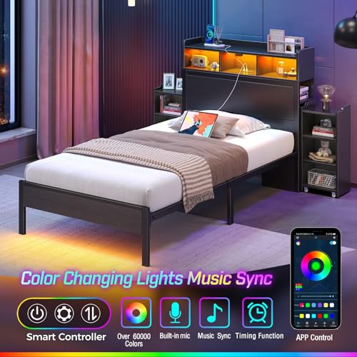 Rolanstar Twin Bed Frame with Bookcase Storage Headboard, Slide Out Bedside Storage, Bed with Charging Station & LED Lights, Heavy Duty Metal Slats, No Box Spring Needed, Noise Free, Black Rolanstar