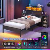 Rolanstar Twin Bed Frame with Bookcase Storage Headboard, Slide Out Bedside Storage, Bed with Charging Station & LED Lights, Heavy Duty Metal Slats, No Box Spring Needed, Noise Free, Black Rolanstar
