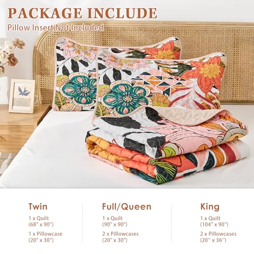 Pamnest Quilt Set King Size, Boho Floral 3 Pcs Soft Bed Cover Bedding Set, Mid Century Flowers Lightweight Bedspread Coverlet with 2 Pillow Sham for All Season Pamnest