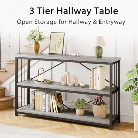 LVB Farmhouse Entryway Table, Metal Wood Console Table for Hallway, Industrial Rustic Sofa Table with 3-Tier Storage Shelf, Modern Entry Table for Foyer Front Home Living Room, Light Grey Oak, 47 inch LVB