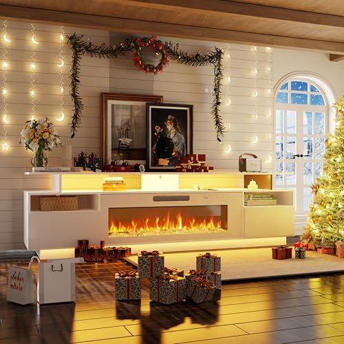 FJTJBSI 70" Fireplace TV Stand with 36" Electric Fireplace Entertainment Center with Charging Station and LED Light Console Table for Television up to 80 inch with Storage for Living Room FJTJBSI
