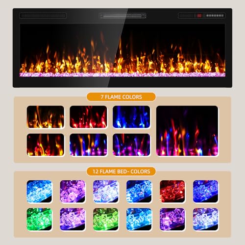 Ludatido 50 Inch Electric Fireplace Wall Mounted and Recessed with Remote Control, Color Adjustable/Realistic Flame W/Timer 1500/750W 400 sq.ft Heating Output Fireplace Heater Ludatido
