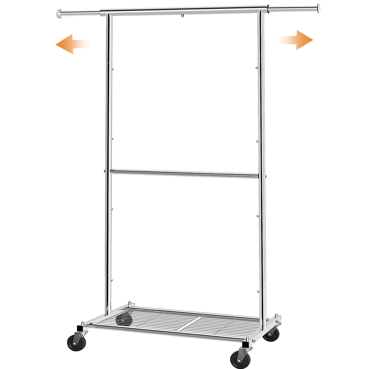 Simple Trending Standard Clothing Garment Rack, Rolling Clothes Organizer with Wheels and Bottom Shelves, Extendable, Chrome Simple Trending