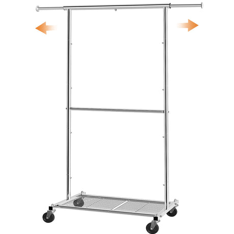 Simple Trending Standard Clothing Garment Rack, Rolling Clothes Organizer with Wheels and Bottom Shelves, Extendable, Chrome Simple Trending