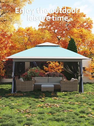 Hipicute 13 X 13FT Pop Up Gazebo, Canopy Tent, Gazebos on Clearance,Patio Folding Canopy with Mosquito Netting - Backyard Tent for Party, Wedding,Outdoor Dining, Patio, Backyard(Light Blue+Light Grey) Hipicute