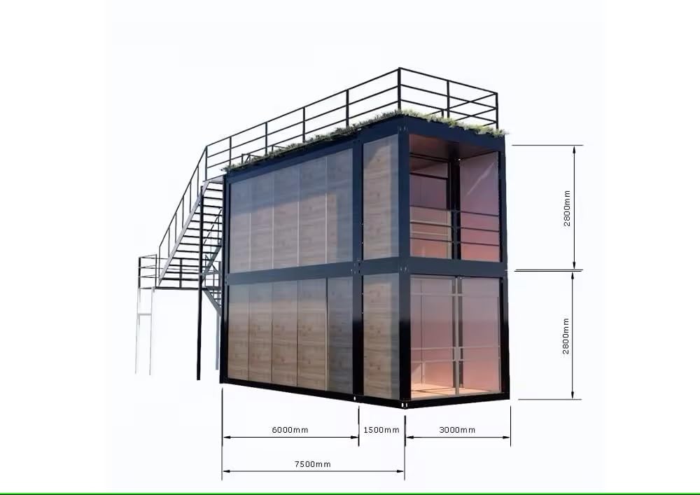 Double story, Fully equipped bathroom, 2 bedrooms prefab container house. 20ft home with stairs with free Water heater - WoodArtSupply