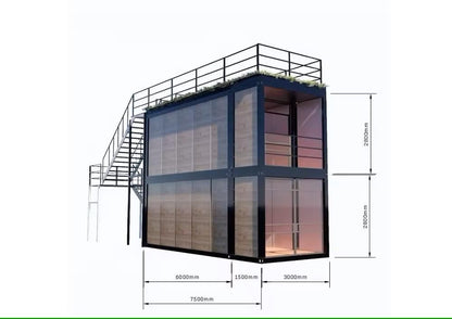 Double story, Fully equipped bathroom, 2 bedrooms prefab container house. 20ft home with stairs with free Water heater - WoodArtSupply