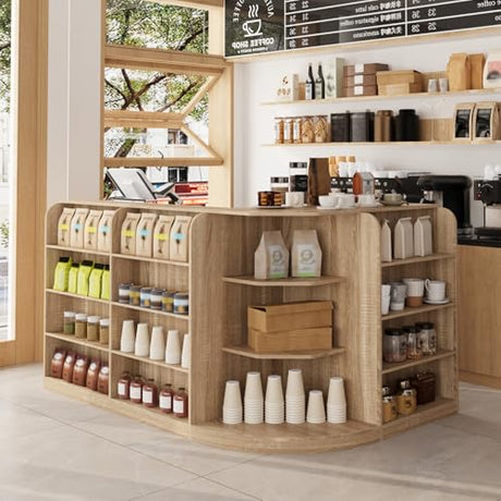 FAMAPY 70.9" L-Shape Reception Desk with Open Display Shelving, 2 Drawers & Cabinets, Modern Reception Counter for Shop Oak 70.9”W x 47.2”D x 39.4”H FAMAPY