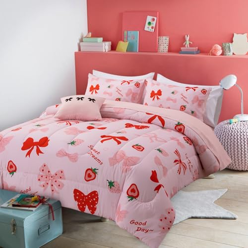 A Nice Night Red Bow Comforter Set,6 Piece Bed in a Bag Matching Sheet Set,Cute Ribbon Bowknot Bedding Sets,Princess Style Strawberry Printed,Light Pink Room Decor for Girls,Queen A Nice Night
