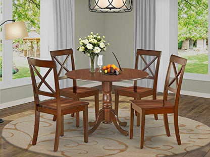 East West Furniture DLBO5-MAH-W 5-Piece Dining Table Set - 4 Dining Room Chairs with Wooden Seat - A Lovely Kitchen Table with Two 9-inch Drop leaves - WoodArtSupply