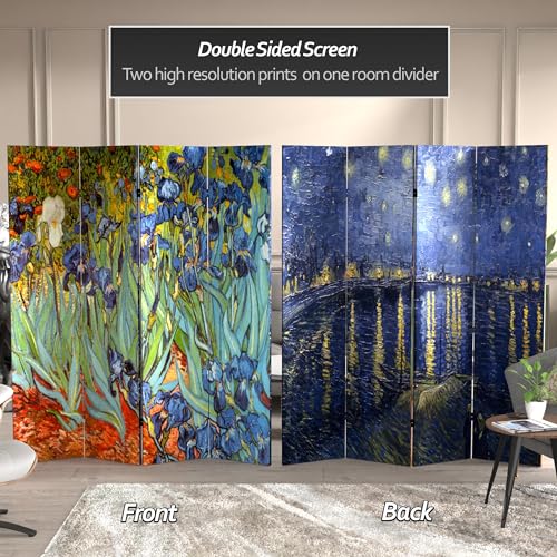 Red Lantern 6 ft. Tall Double Sided Works of Van Gogh Canvas Room Divider - Irises/Starry Night Over Rhone 4 Panel Freestanding Folding Privacy Screen Partition Separator for Modern and Contemporary Red Lantern