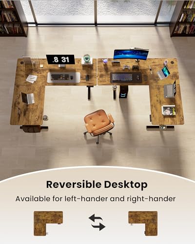 YORIWELL 63 Inches Reversible L Shaped Standing Desk for Home Office, Electric Height Adjustable Corner Computer Desk, Sit Stand up Table with Cup Holder, Ergonomic Gaming Desk, Rustic Brown YORIWELL
