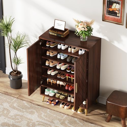 Tribesigns Shoe Cabinet with Doors, 6-Tier 18 Pairs Shoe Storage Cabinet for Entryway, Wooden Entryway Shoe Cabinet with Adjustable Shelves for Living Room, Bedroom (Walnut, Gold Legs) - WoodArtSupply