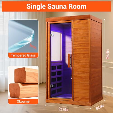 Bowear Far Infrared Sauna for 1-2 Person, 110V 1120W Indoor Home Sauna with Bluetooth Audio, 7 Colors Light Therapy, Reading Lamp, Time & Temperature Adjustable, Oguman Wood Dry Sauna Bowear