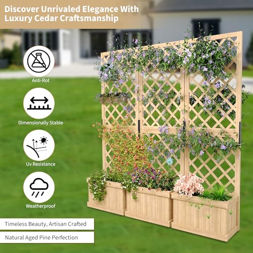 GarveeLife Cedar Privacy Screen with Planter Box - 3-Panel Freestanding Garden Fence, 62 in x10 in x65 in Tall Outdoor Divider with Drain Holes & Raised Bed for Patio, Deck & Backyard (Natural Wood) GarveeLife
