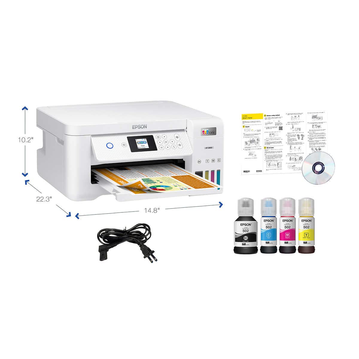 Epson EcoTank ET-2850L Wireless Color All-in-One Printer, Print Scan Copy, 1.44" Color Display, Auto-Duplex Printing, Up to 10.5 PPM, 1200X2400 DPI with Bonus Black Ink Bottle and Printer Cable