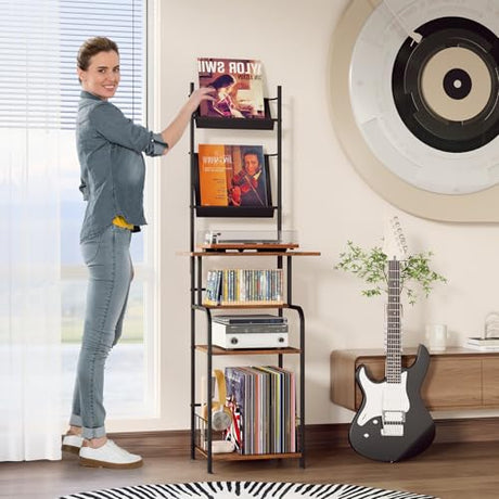 Homsorout Record Player Stand with Vinyl Storage - 6-Tier Turntable Table with Adjustable Feet, Metal & Wood Cabinet - Console Organizer Display Shelf for Living Room, Apartment Homsorout