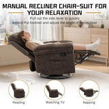 Korser Recliner Chair, Swivel Rocker Recliner Chair for Adults, Small Recliners for Small Spaces, Upholstered Manual Recliner with Side Pockets, Nursery Rocking Chair for Living Room, Chenille, Brown