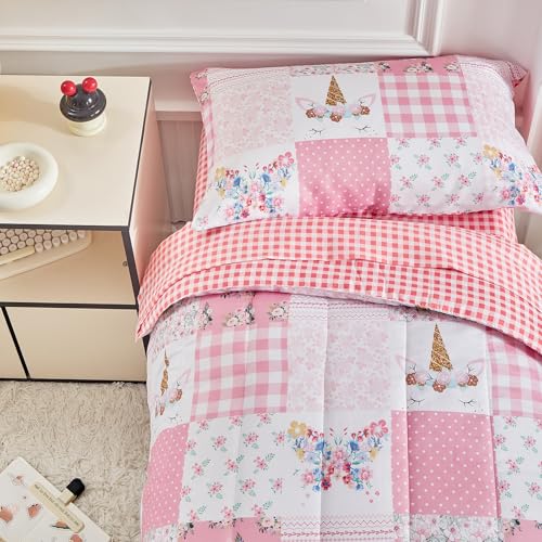 Joyreap 4 Piece Toddler Bedding Set for Girls- Pink Butterflies n Flowers Patchwork Toddler Comforter Set, Includes Quilted Comforter, Fitted Sheet, Top Sheet, and Pillow Case Joyreap
