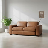 Naomi Home Freya Genuine Leather Loveseat Sofa - Luxurious Comfort, Goose Feather Cushion Filling, Square Arm Design, Sturdy Block Legs, Elegant Tan - Ideal for Living Room, Office, or Bedroom Naomi Home