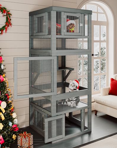 TIMHAKA Catio Indoor Cat Enclosure, 3 Tiers Cat Enclosure with Platform, Resting Box and 8 Removable Door can Connect with Cats Tunnel, Luxurious Playground with Waterproof Cover, DIY Wood Cats Cage TIMHAKA