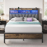 Welzona Full Size Bed Frame with Headboard, LED Lights Full Bed Frames with Charging Station, 2-Tier Storage Shelves, Heavy Duty Metal Slats, Noise-Free, No Box Spring Needed, Easy Assembly, Brown Welzona