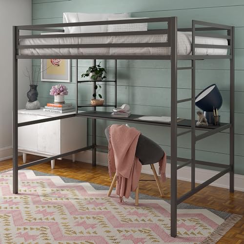 Novogratz Maxwell Grey/Black Metal Full Loft Bed with Integrated Desk & Shelves - WoodArtSupply