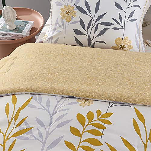 SLEEPBELLA Comforter King Size, 600 Thread Count Cotton Grey Branch with Yellow Flower & Grey Leaves Pattern Orange Reversible Comforter Set,Down Alternative Bedding Set 3Pcs(King, Yellow Botanical) SLEEPBELLA