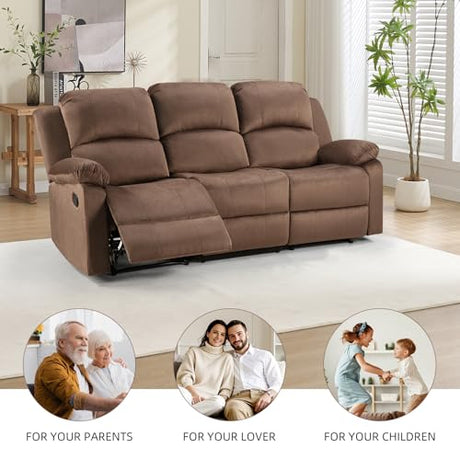 EBELLO 3 Seat Recliner Sofa for Living Room, Soft Microfiber Reclining Couch with Overstuffed Arms and Backrest for Home and Office, Brown EBELLO