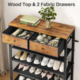 Kitstorack Shoe Rack, 5 Tier Shoe Organizer for 12-16 Pairs of Shoes, with 2 Drawers, 3 Fabric Shelves and Wooden Top, Shoe Rack for Closet Entryway, Rustic Brown Kitstorack
