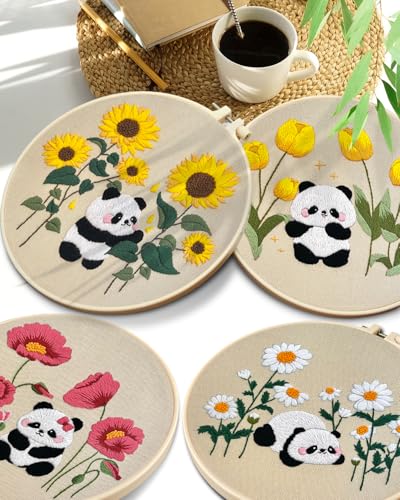 TINDTOP 4 Sets Embroidery Kit for Adult, Panda Embroidery Practice Kits for Beginners Include Embroidery Cloth Hoops Threads for Craft Lover Hand Stitch with Embroidery Skill Techniques TINDTOP