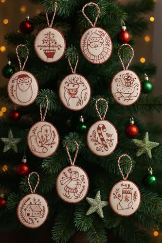 Christmas Embroidery Ornament Kit, 12PCS DIY Hand Embroidery Set for Beginners & Adults, Complete Holiday Craft Kit with Threads, Needles & Instructions, Festive Tree & Gifts Decor (Red)