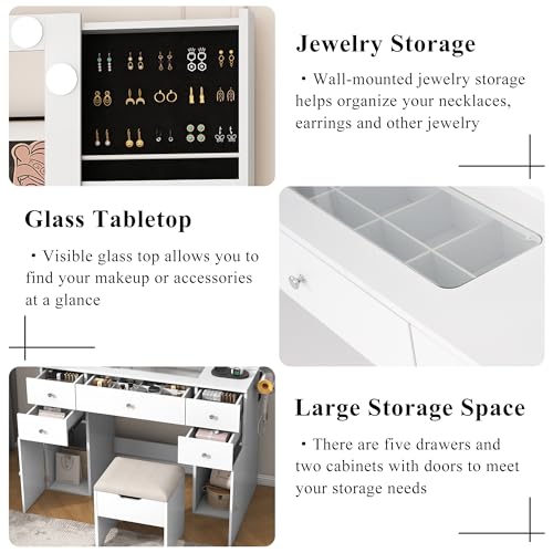 Vanity Desk with Lighted Mirror & Power Outlet, Makeup Vanity Table with 5 Drawers & 2 Cabinets, Large Vanity Set with Stool, Glass Top, Sliding Jewelry Storage Shelves, for Women Girls, Whit - WoodArtSupply