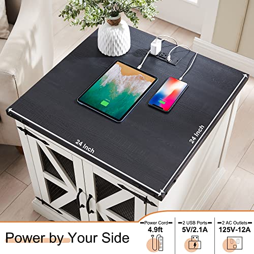 JXQTLINGMU Farmhouse End Table, 24" Large Sofa Side Table with Charging Station, Mesh Barn Door, and Adjustable Storage Shelf, Rustic Wood Square Nightstand for Living Room, Bedroom, Office, White JXQTLINGMU